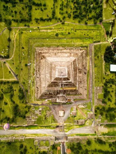 Aerial view of the Pyramids of the Sun in Teotihuacan, México.