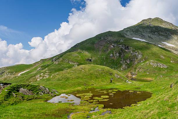 istock Summer landscape with mountain lake under the summit. 599496516