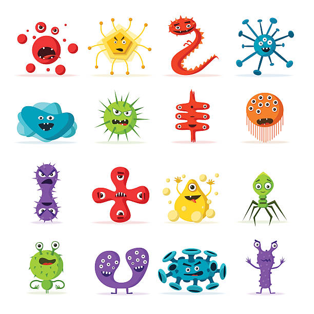 Set of bacteria characters. Cartoon vector illustration. Microbiology Set of bacteria characters. Cartoon vector illustration. Microbiology. Isolated background. Funny monsters. Angry viruses high scale magnification stock illustrations