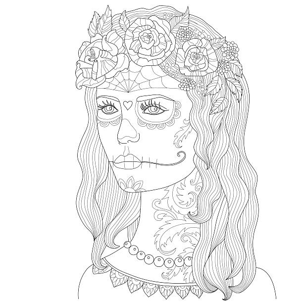 Page coloring for adults, beautiful girl with make-up, death mask Page coloring for adults, beautiful girl with make-up, death mask, Hand drawn adult coloring page, Drawing, Outline vector illustration, girl with make-up for Halloween cartoon of painted skull faces stock illustrations