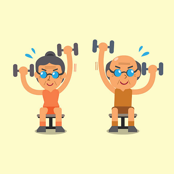 ilustraciones, imágenes clip art, dibujos animados e iconos de stock de personas mayores haciendo ejercicio alterno de prensa de mancuerna sentada - sport couple isolated muscular build