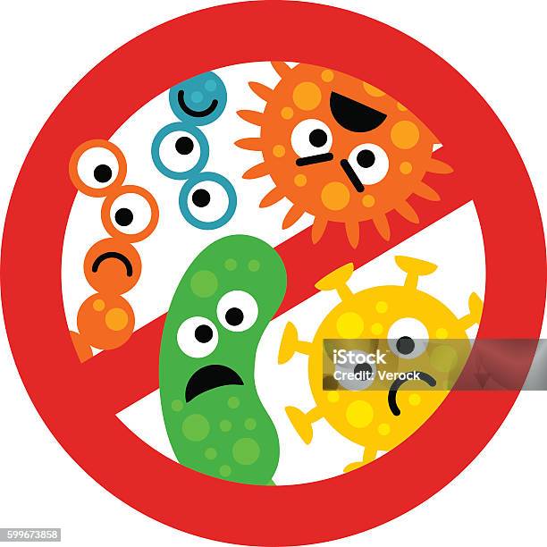 Stop Bacterium Sign With Cute Cartoon Gems In Flat Style Stock Illustration - Download Image Now