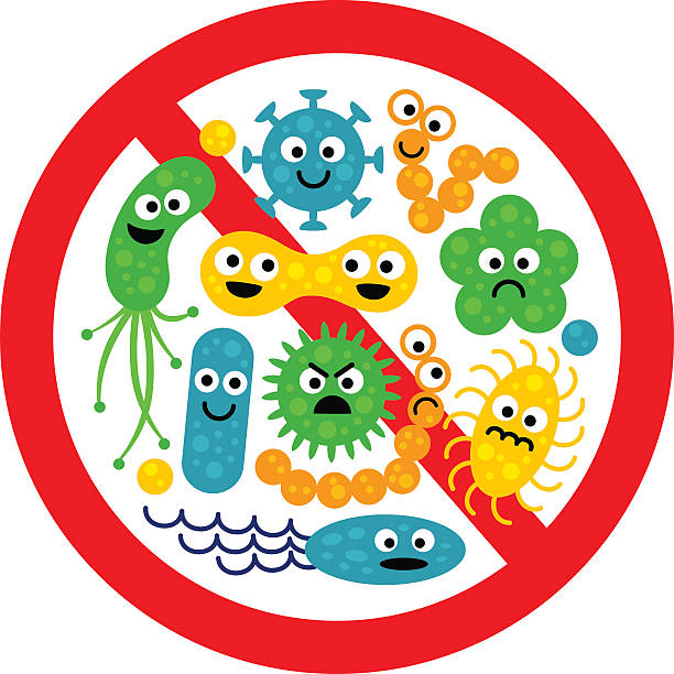 illustrazioni stock, clip art, cartoni animati e icone di tendenza di stop segno batterio con molte gemme dei cartoni animati carini - anti bacteria
