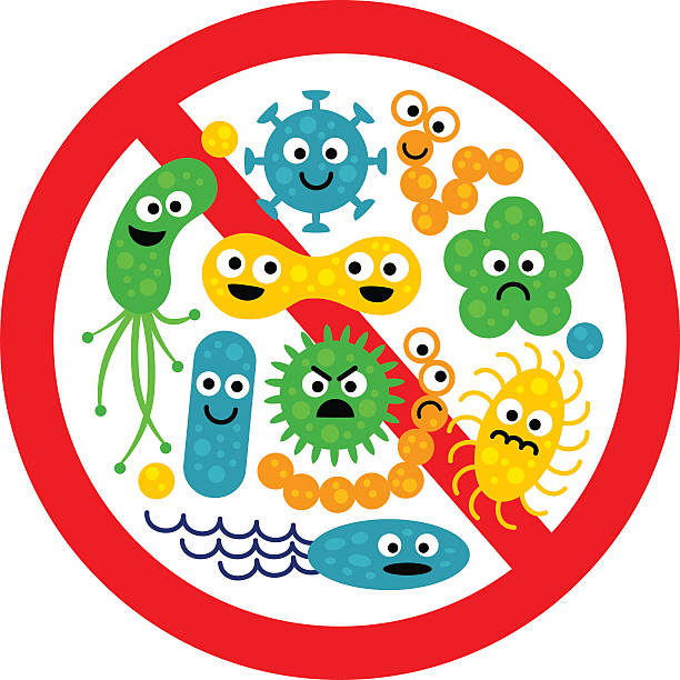 ilustrações de stock, clip art, desenhos animados e ícones de stop bacterium sign with many cute cartoon gems - anti bacteria