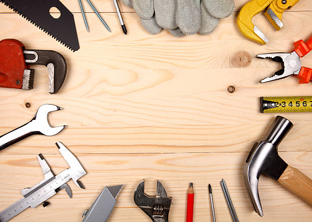 istock Set of plumbing and tools on the wooden table 599684994
