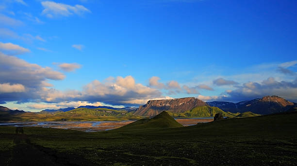 istock Landmannalaugar, Iceland, sunset, hills and small river 599686384