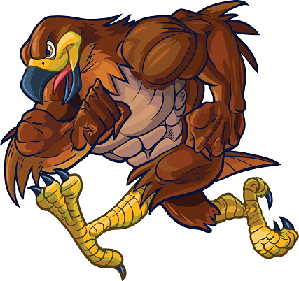 Vector cartoon clip art illustration side view of a tough muscular hawk, falcon, or eagle mascot running.
