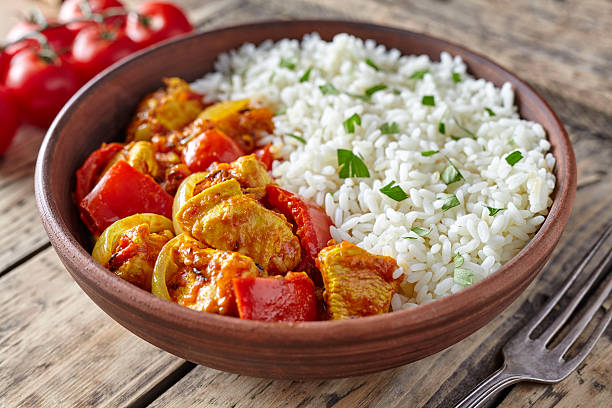 Chicken jalfrezi healthy traditional Indian curry spicy fried meat with stock photo