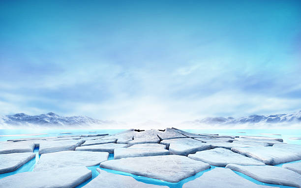 cracked ice floe floating on blue water mountain lake - cold frozen sea landscape imagens e fotografias de stock