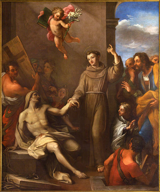 Rome - St. Anthony  raises a man from the death Rome, Italy - March 9, 2016: Rome - The painting St. Anthony of Padua raises a man from the death in church Chiesa di San Silvestro in Capite by Giuseppe Chiari (1695 - 1696). st anthony of padua stock pictures, royalty-free photos & images