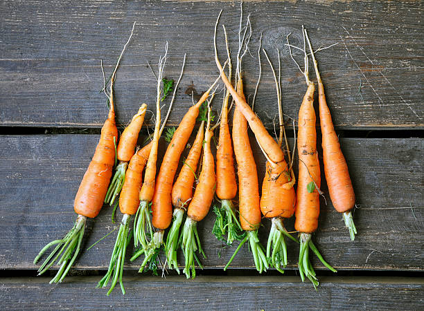 istock Fresh carrots with roots on a dark wooden surface. 599699552