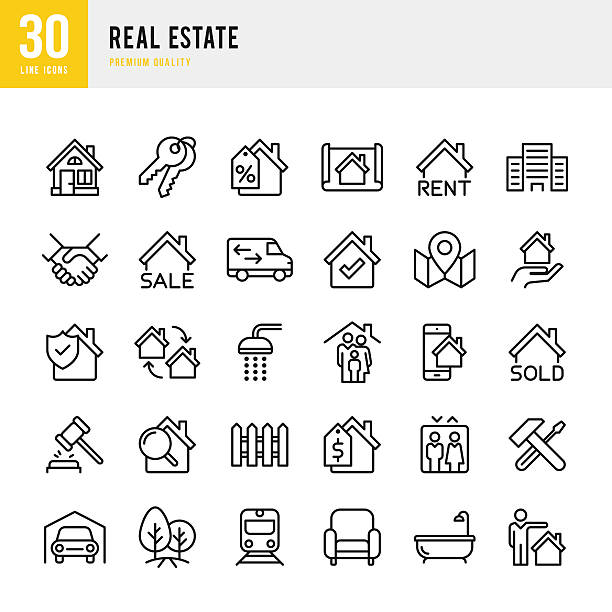 illustrations, cliparts, dessins animés et icônes de immobilier - ensemble d’icônes vectorielles de ligne mince - immobilier