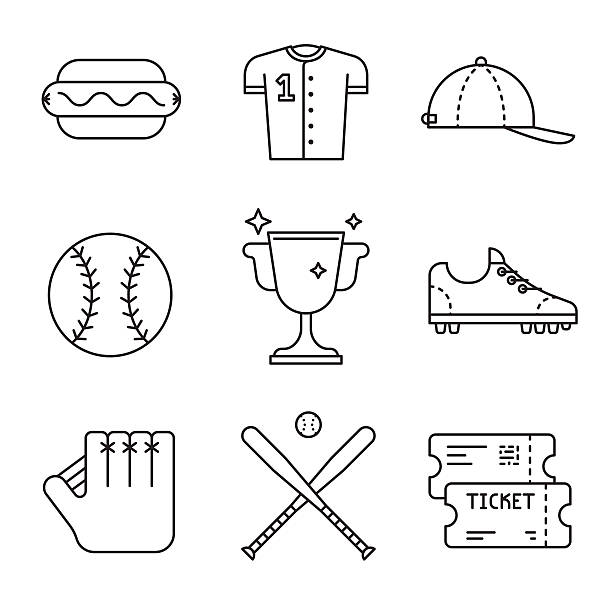 illustrazioni stock, clip art, cartoni animati e icone di tendenza di set di icone delle attrezzature per il gioco di baseball - art painted image ball baseball