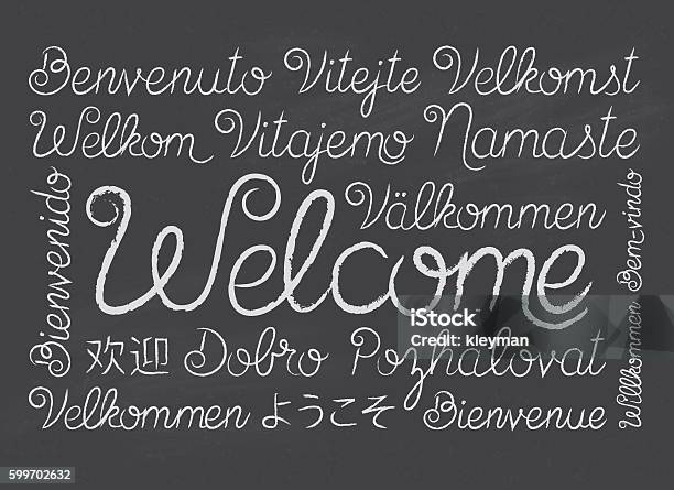 Chalkboard Welcome Script In Different Languages Stock Illustration - Download Image Now - Chalk - Art Equipment, Greeting, Welcome Sign