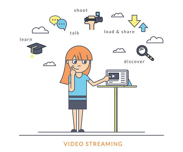 Vector illustration of Young redhair girl using a tablet pc and watching video
