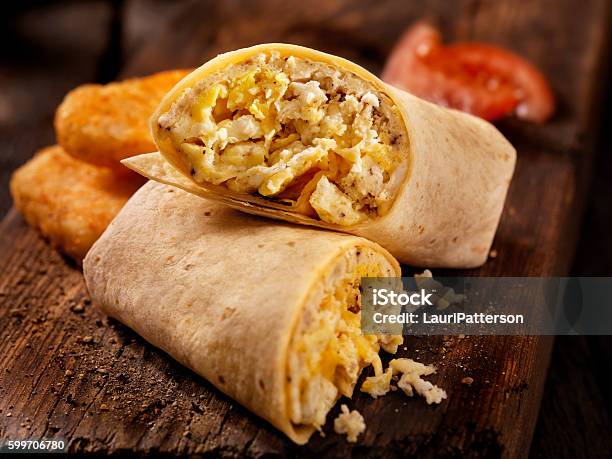 Scrambled Egg And Cheese Breakfast Wrap Stock Photo - Download Image Now - Burrito, Breakfast, Wrap Sandwich