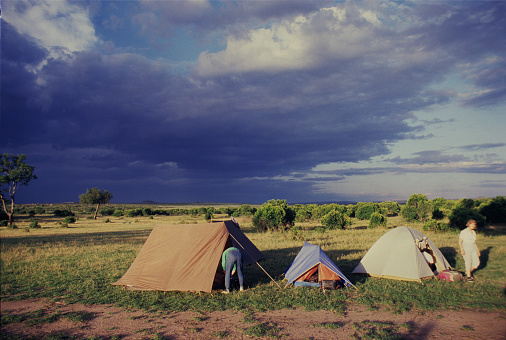 Masai Mara, Kenya - October 25, 1987: Masai owned campsite near Talek gate, Masai Mara Game Reserve, Kenya