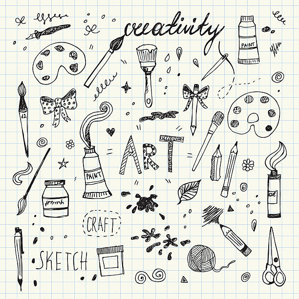 Hand drawn Art and Craft vector symbols and objects Hand drawn Art and Craft vector symbols and objects. Vector Illustration EPS10, Ai10, PDF, High-Res JPEG included. Pencil drawing doodles set  creative occupation illustrations stock illustrations