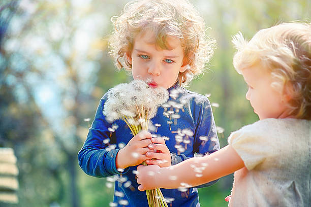istock Two little kids blowing dandelions 599710944