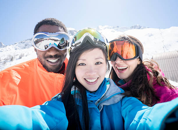 Group of friends skiing and taking a selfie