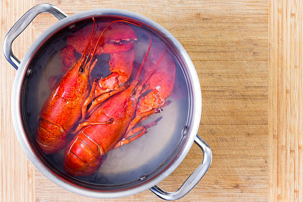 Two red lobsters in a pot of boiling water cooling off on a wooden cutting board after being cooked, viewed from above with copy space