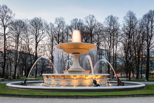 Warsaw at Night, park view with fountain.