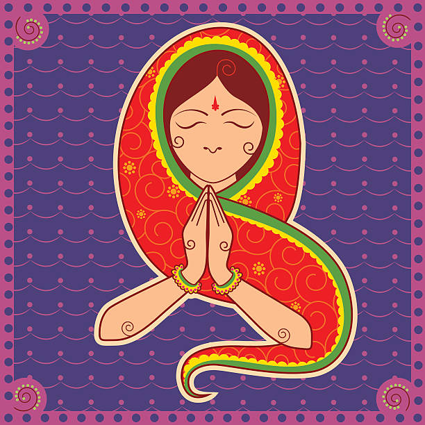 ilustrações, clipart, desenhos animados e ícones de mulher da pessoa recebendo gesto em estilo de arte indiana - saree