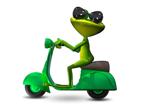 3D Illustration of a green frog on a green motor scooter