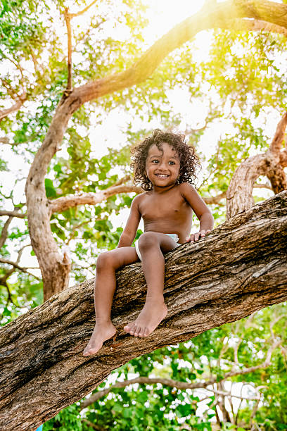 Child sitting on tree brunch jungle forest having fun outdoors stock photo