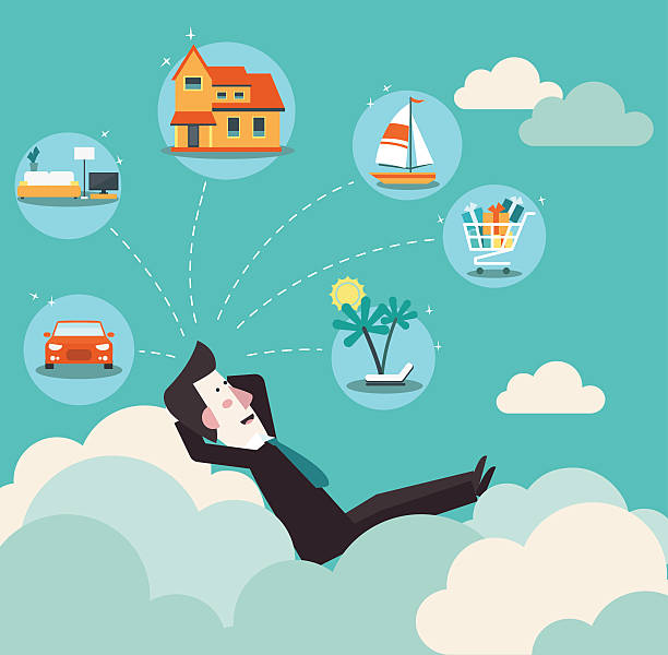 Successful business man relaxing on clouds and dreaming about house Relaxed and successful business man relaxing on clouds and dreaming about house, car, yacht, shopping, furniture and holiday vacation. Saving and investing money. Future financial planning concept insurance agent illustrations stock illustrations