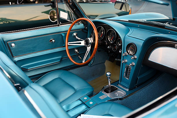classic retro  vintage blue car. Car interior stock photo
