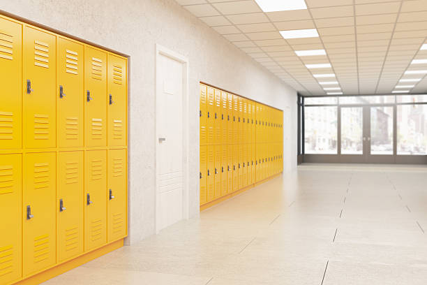 istock Lockers and door in school corridor 599755746