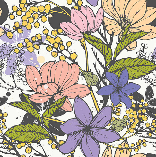 Floral seamless pattern Beautiful vector seamless pattern with hand drawn flowers, frangipani, mimosa and lotus. Elegant repeating surface pattern perfect for web and print purposes. tree repetition single flower flower stock illustrations
