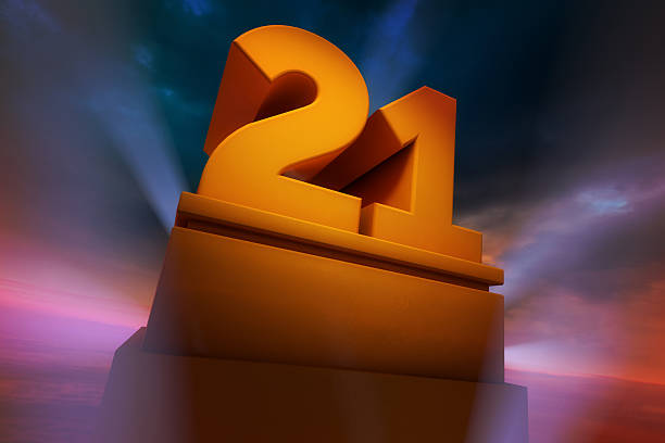 Big Number 21 Golden number Twenty-One as a Three Dimensional Rendering with spotlights and dramatic sky 20 24 years stock pictures, royalty-free photos & images