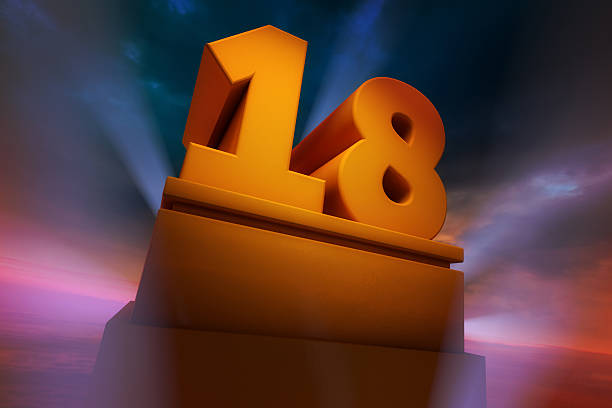 Big Number 18 Golden number Eighteen as a Three Dimensional Rendering with spotlights and dramatic sky 18 19 years stock pictures, royalty-free photos & images