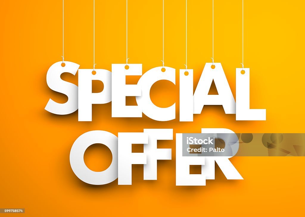 Special offer - text hanging on the strings Special offer - text hanging on the strings. 3d illustration Sale Stock Photo