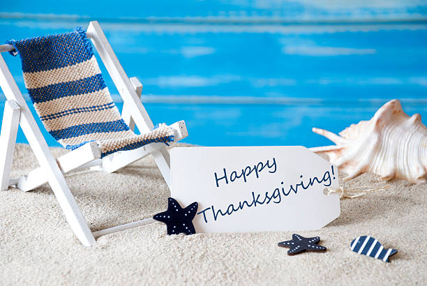 Summer Label With Deck Chair And Text Happy Thanksgiving stock photo