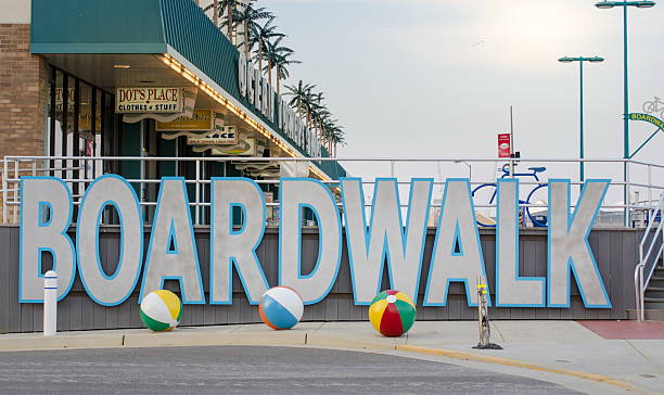 Wildwood, New Jersey, United States - May 26, 2016: View at the Wildwood boardwalk sign. Boardwalk is a famous tourist spot with hotels and restaurants