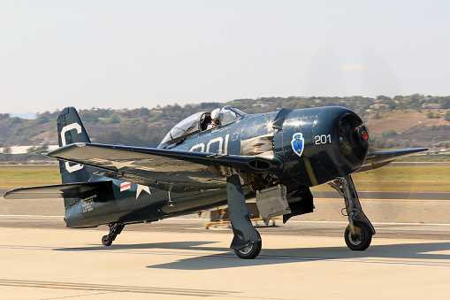 Camarillo, California, US- August 20,2016. Vintage WWII F8 Bearcat on the runway at the 2016 Camarillo Air Show outside of Los Angeles. The 2016 Camarillo Air Show features many vintage, restored WWII aircraft performing for the public.