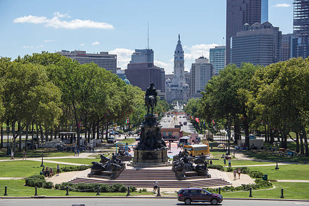 View of Eakins Oval from the Philadelphia Art Museum Philadelphia, United States- August 22, 2016: View from the Philadelphia Art Museum of the  Eakins Oval benjamin franklin parkway photos stock pictures, royalty-free photos & images