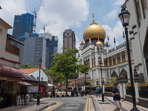 Singapore, Singapore - April 10, 2016: View of Sultan Mosque and surrounding from the street level.