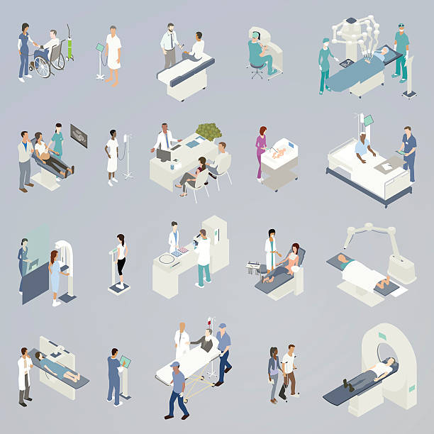 Medical Procedure Illustrations 20 spot illustrations of medical procedures and related icons, presented in isometric view and in a flat, consistent color palette. Includes: robot-assisted surgery, medical consultations, checking blood pressure, attending to a newborn, sonogram, non-invasive radiation treatment, dental visit, blood or pharmaceutical lab analysis, weight scale during checkup, mammogram, MRI/CT scan/Pet scan, physical therapy, an injured man with neck brace in gurney with paramedics, and a woman receiving an x-ray. human centrifuge stock illustrations