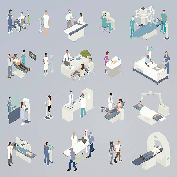 Medical Procedure Illustrations 20 spot illustrations of medical procedures and related icons, presented in isometric view and in a flat, consistent color palette. Includes: robot-assisted surgery, medical consultations, checking blood pressure, attending to a newborn, sonogram, non-invasive radiation treatment, dental visit, blood or pharmaceutical lab analysis, weight scale during checkup, mammogram, MRI/CT scan/Pet scan, physical therapy, an injured man with neck brace in gurney with paramedics, and a woman receiving an x-ray. baby heart rate stock illustrations