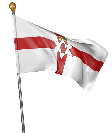 Realistic 3D render of a flag pole with the national flag of Northern Ireland waving in the air against a white background.