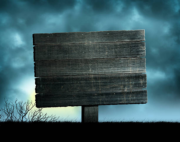 A weathered blank wooden sign sits in a grassy field as a full moon rises behind it on Halloween night.