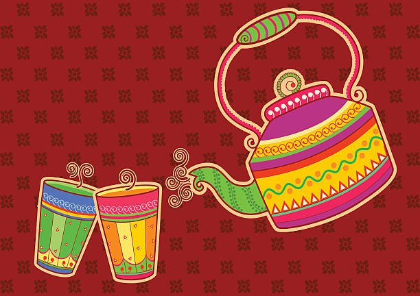 Tea kettle and glass in Indian art style Vector design of tea kettle and glass in Indian art style indian pouring tea stock illustrations