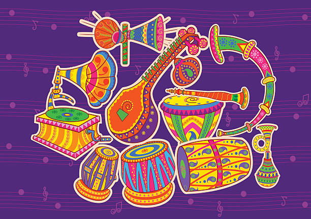 ilustrações, clipart, desenhos animados e ícones de arte e música da índia - folk music audio