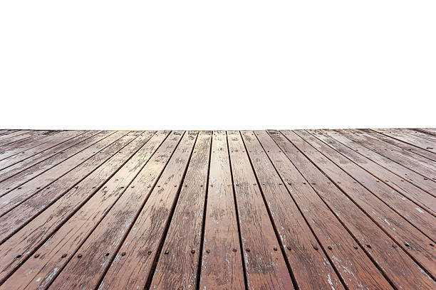 istock Old exterior wooden decking or flooring isolated on white. Saved 599775032
