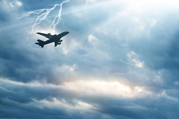 istock Airplane in the sky with thunder and lightning 599776312