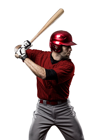 Baseball Player with a red uniform on white background.